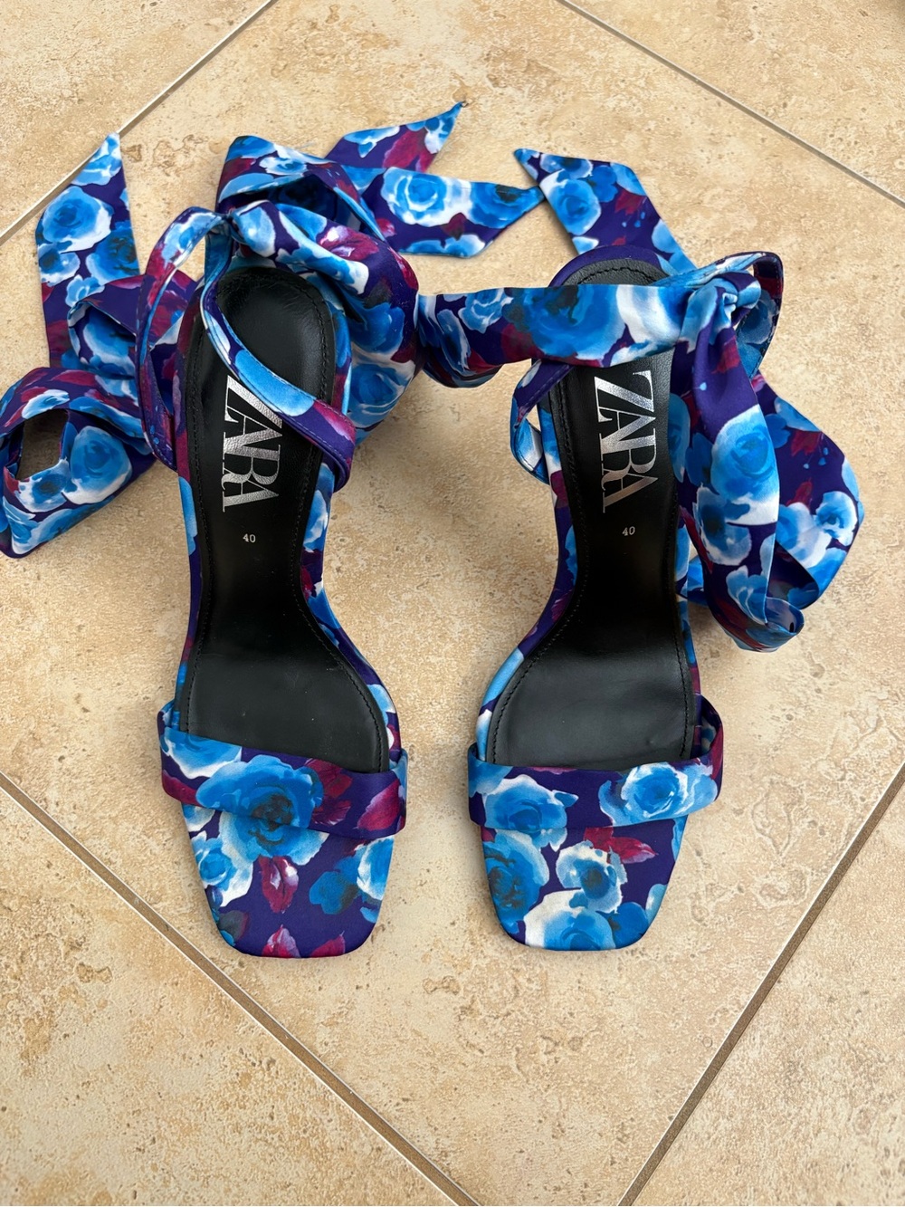 Zara Blue Floral Wrap-Heel Sandals